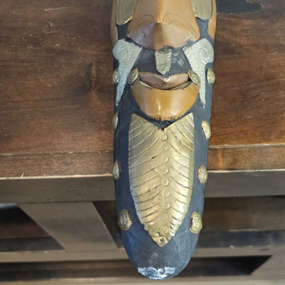 Handmade Vintage Long Face Brass and Wooden Wall Art - Picture 3 of 5